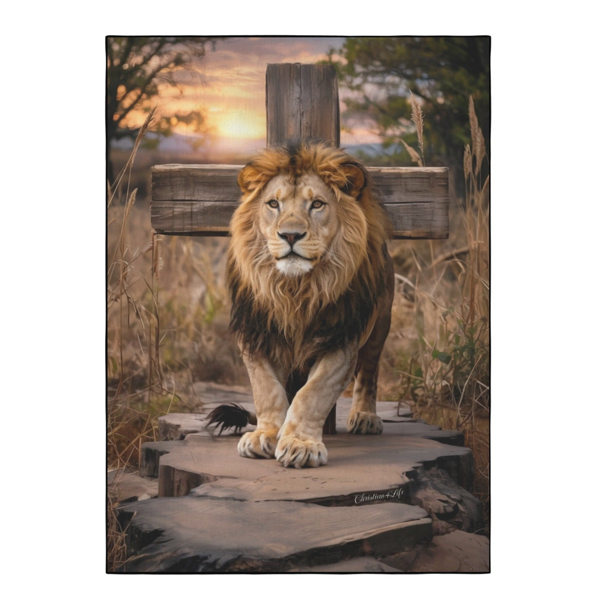 Lion of Judah, rock and cross Area Rug with Black Binding 84"x60"