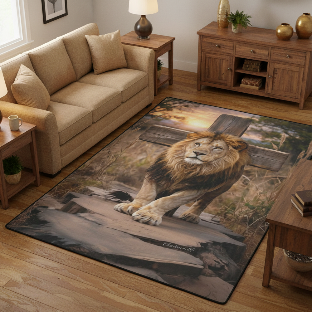 Lion of Judah, rock and cross Area Rug with Black Binding 84"x60"