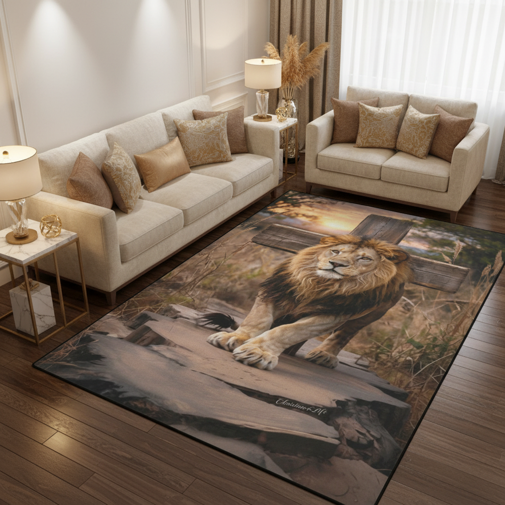 Lion of Judah, rock and cross Area Rug with Black Binding 84"x60"