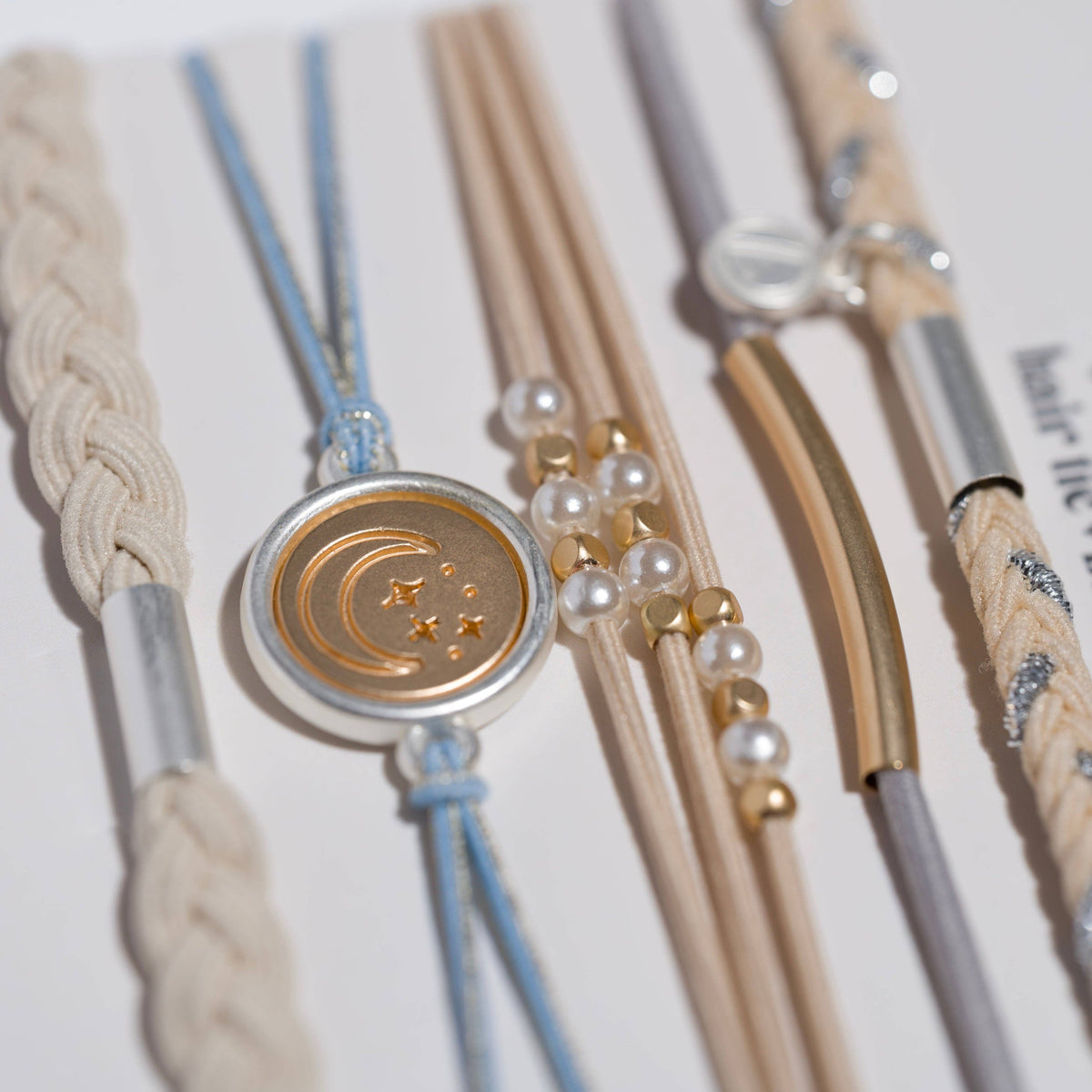 "Wonder" Soft Creams and Blues with Pearls and Gold Hair Tie Bracelets