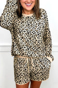 Brown Leopard Print Contrast Trim Two Piece Shorts Set