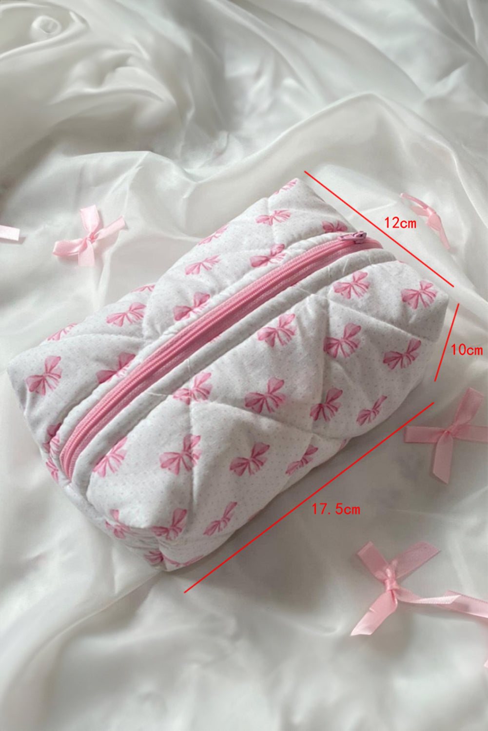 Sky Blue Bow Knot Quilted Zipper Makeup Bag