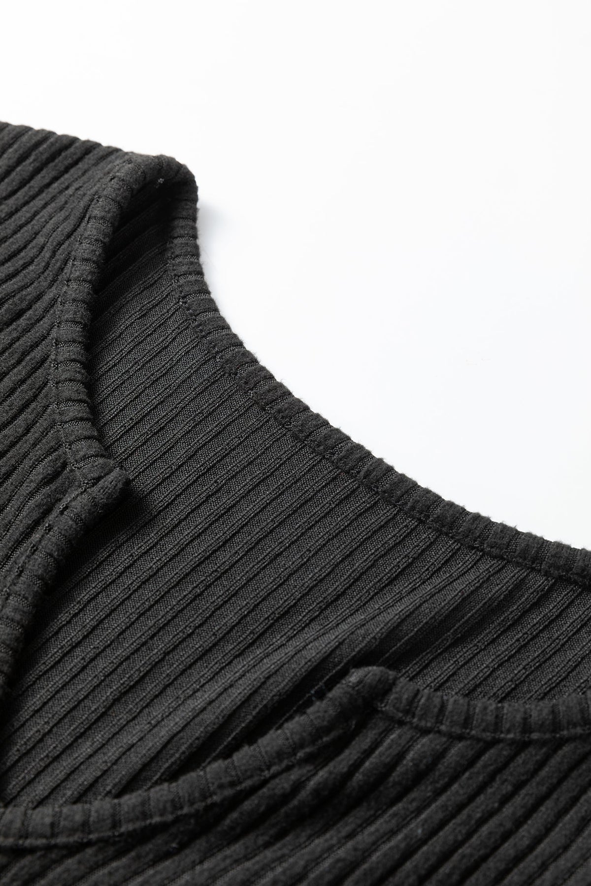 Black Ribbed Notched Neck Knit Long Sleeve Leggings Two Pieces Lounge Set