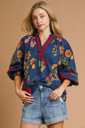 Umgee Floral Print Flounce Sleeve Blouse