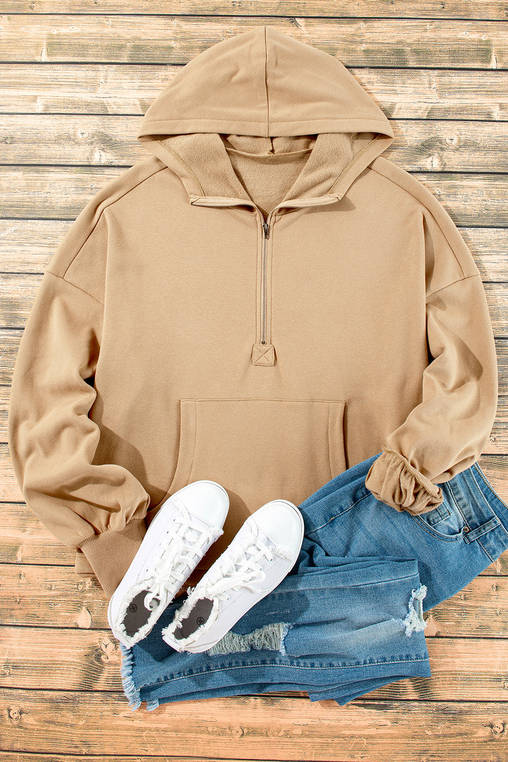 Orange Half Zipper Kangaroo Pockets Drop Shoulder Hoodie