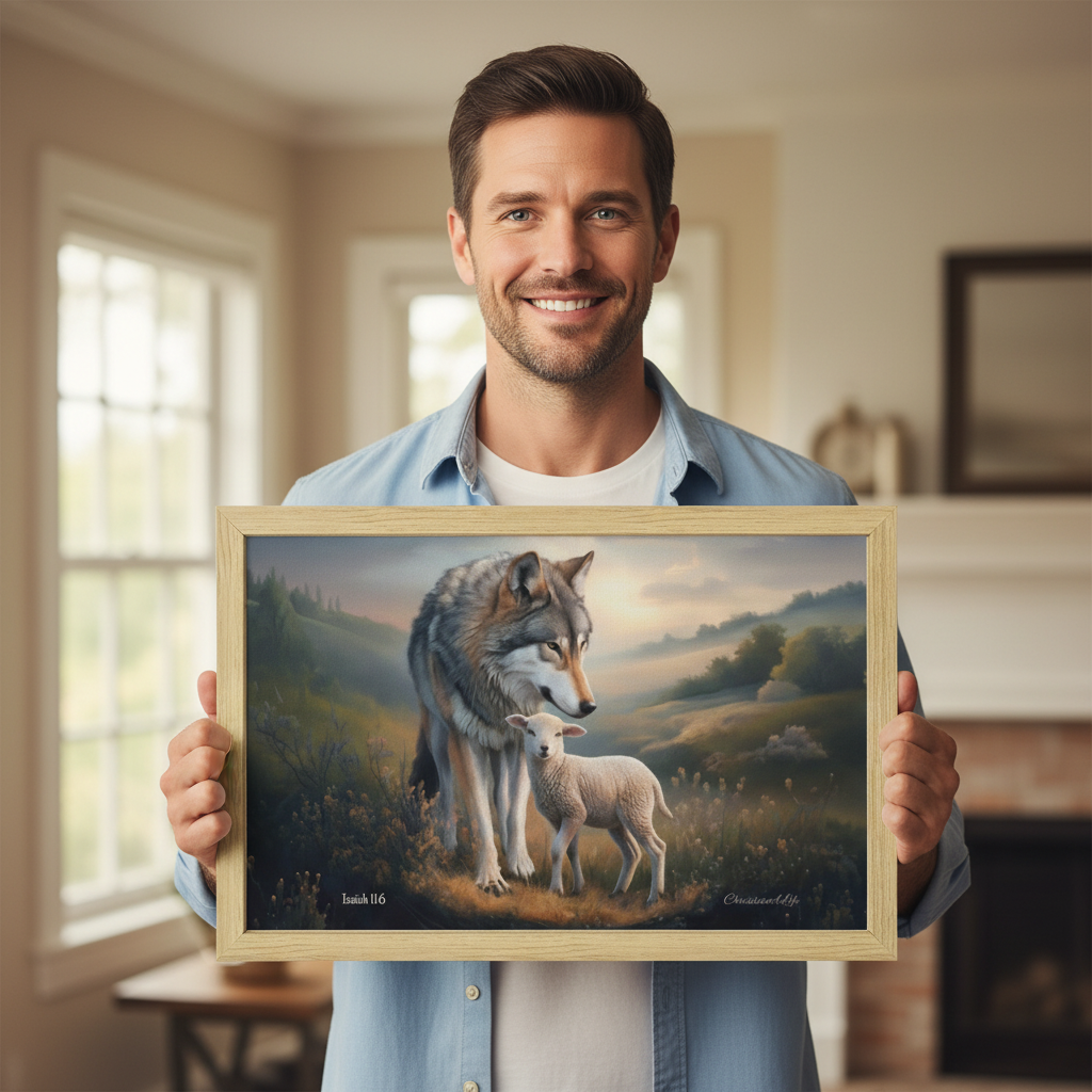 Framed - Wolf and Lamb Christian Canvas, Wooden Frame