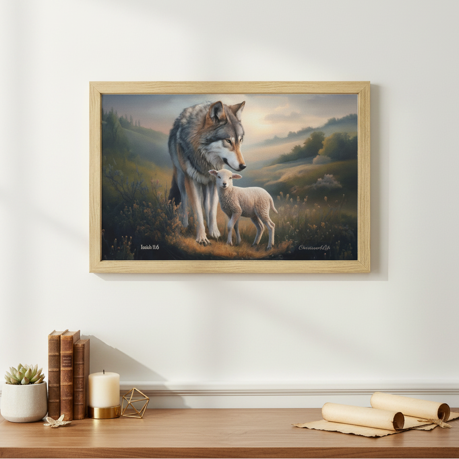 Framed - Wolf and Lamb Christian Canvas, Wooden Frame