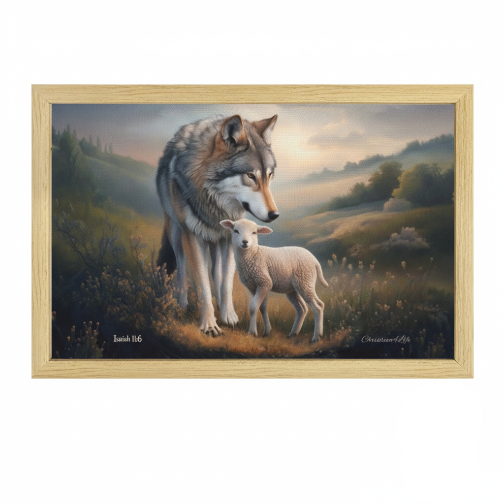 Framed - Wolf and Lamb Christian Canvas, Wooden Frame