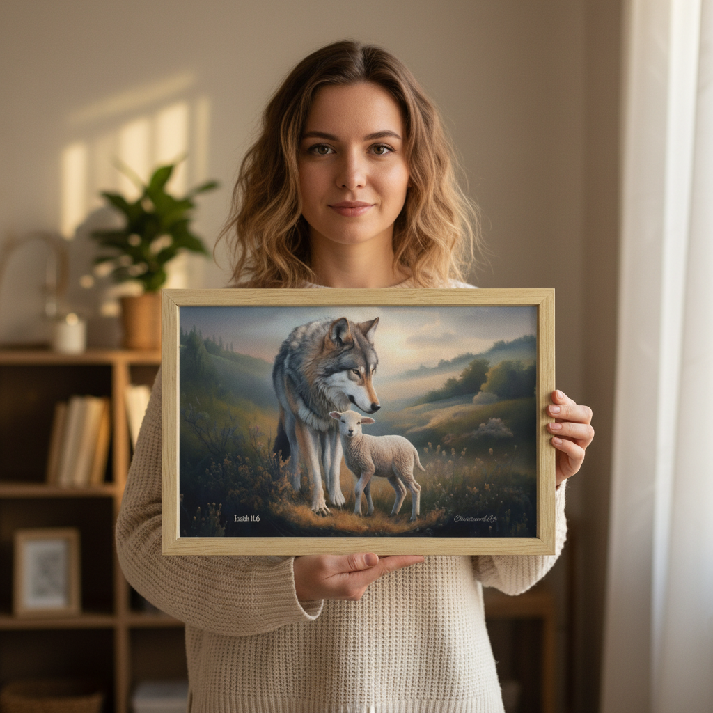 Framed - Wolf and Lamb Christian Canvas, Wooden Frame
