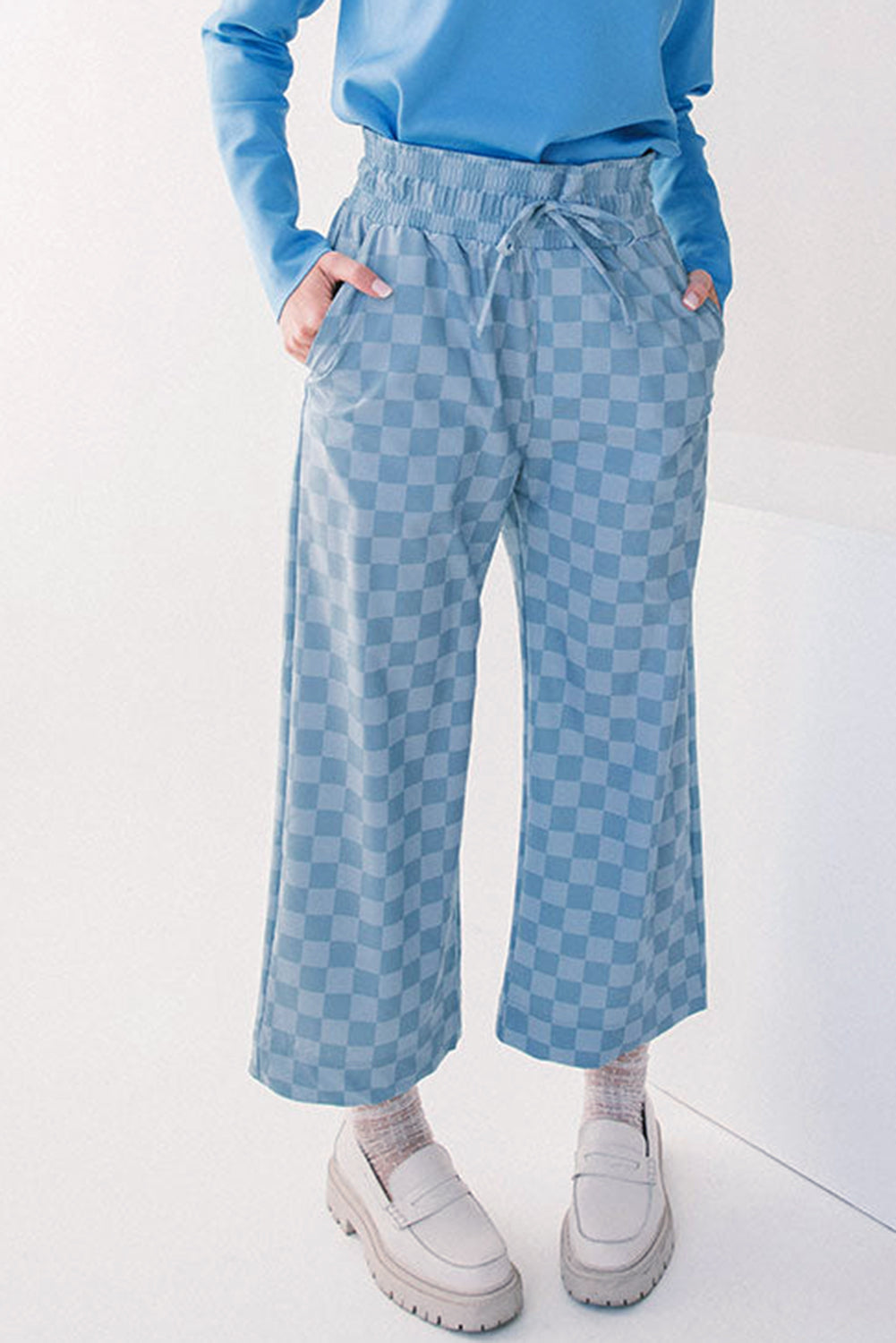 Khaki Tie Elastic Waist Checkered Loose Pants