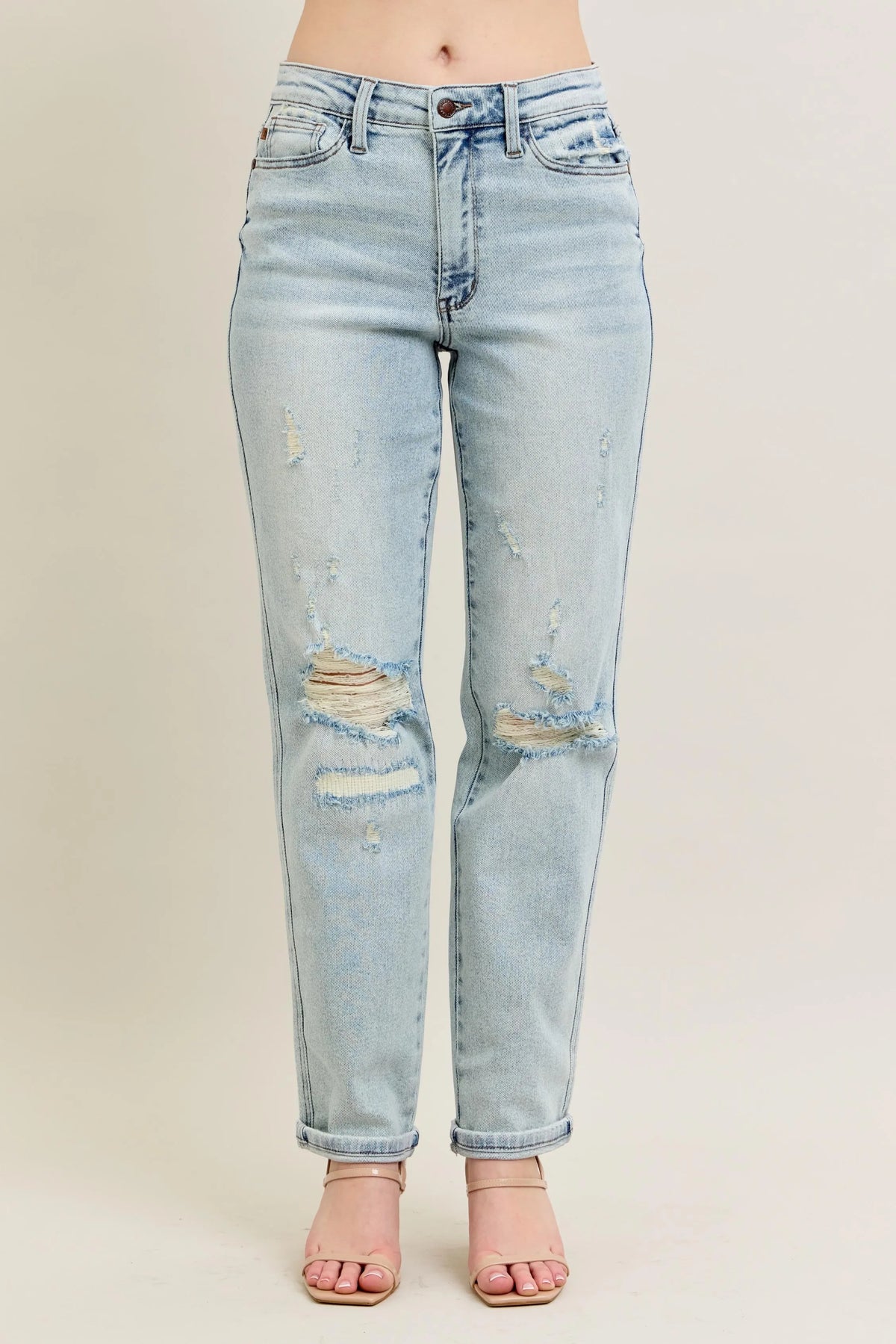 Judy Blue Full Size Mr Repair Stitch Detail Destroy Single Cuff Bf Jeans Plus Size