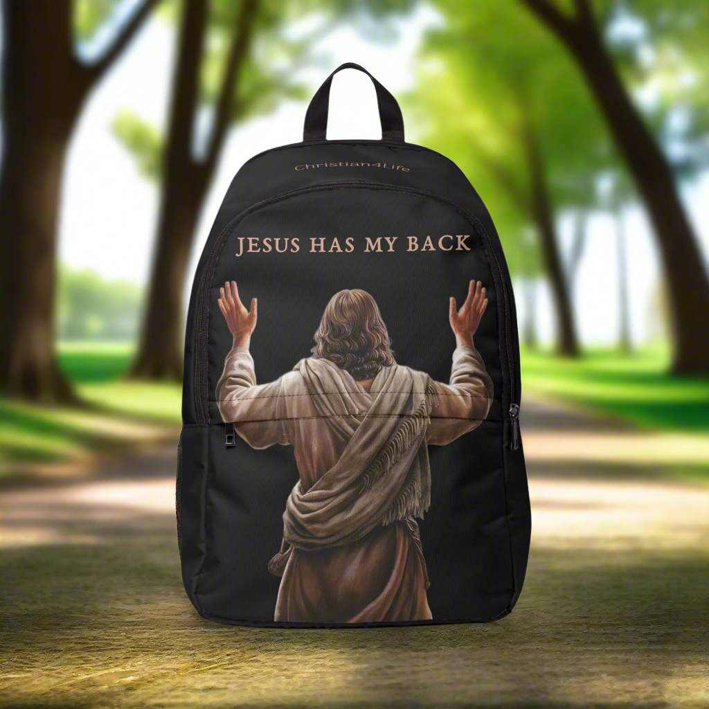 "Jesus Has My Back" Graphic design Christian Backpack (black)