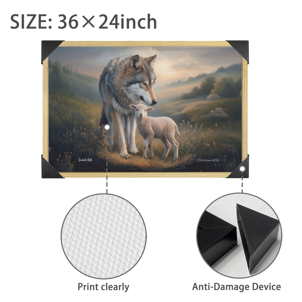 Framed - Wolf and Lamb Christian Canvas, Wooden Frame