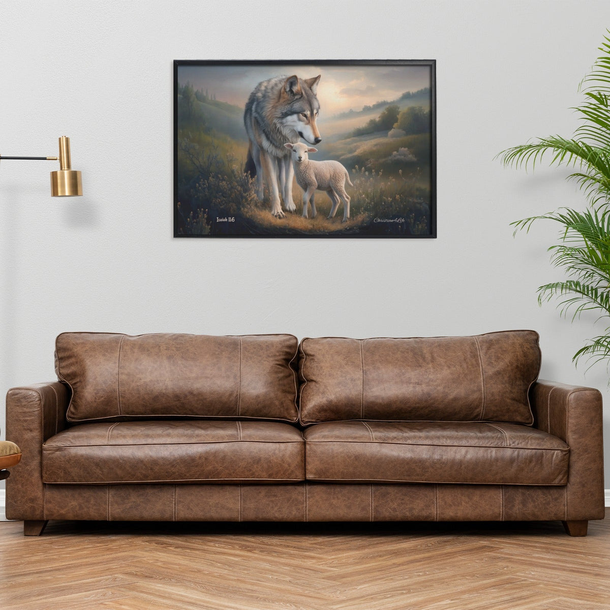 Framed- Wolf and Lamb, Christian Wall Art, Black Framed Canvas Print, Isaiah 11:6