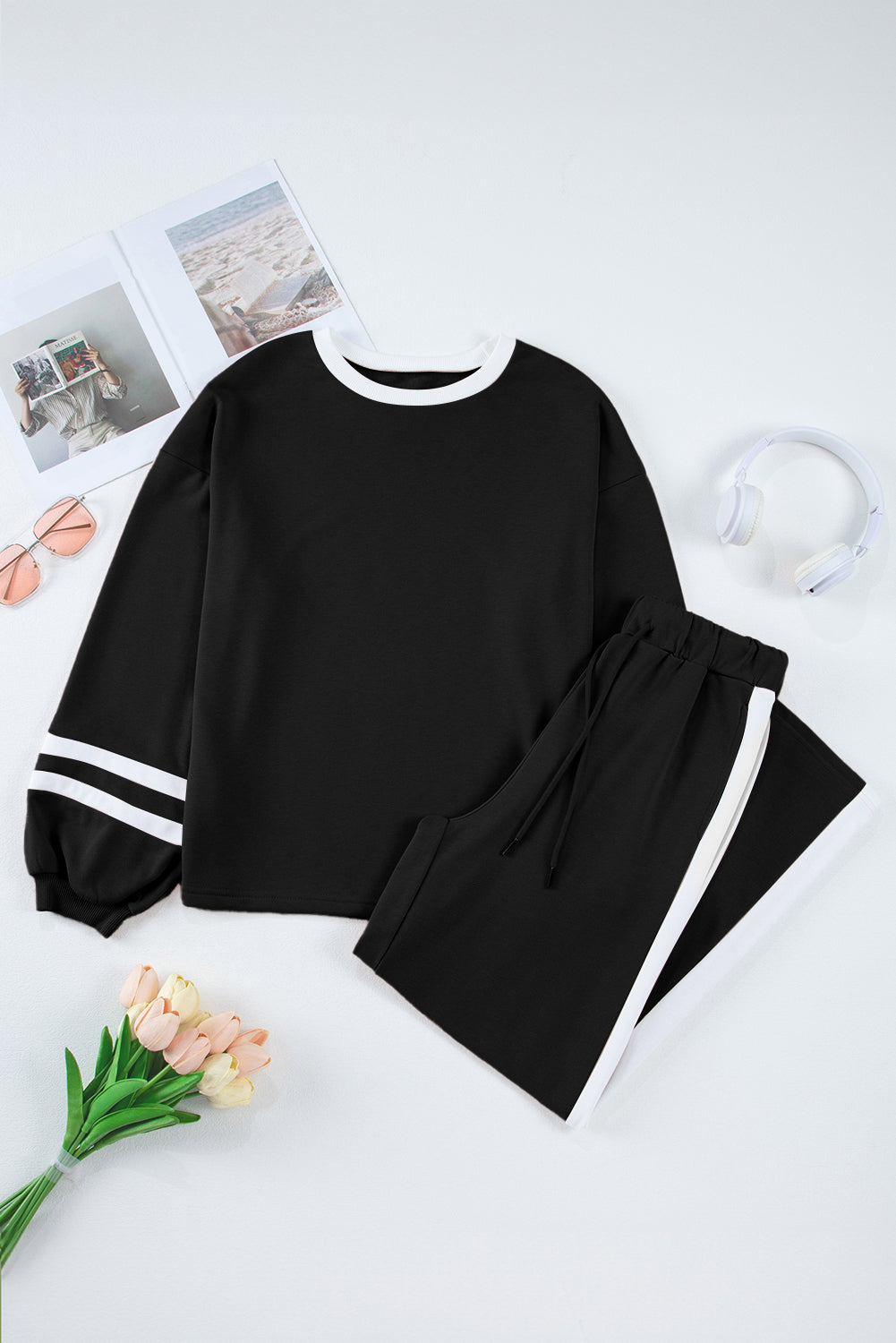 Mineral Red Varsity Stripe Patchwork Puff Sleeve Pullover Drawstring Wide Leg Pant Set