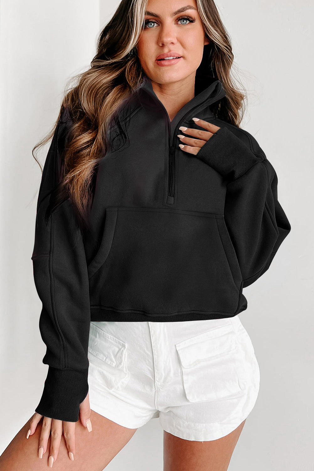 Smoke Green Quarter Zip Stand Neck Kangaroo Pocket Sweatshirt