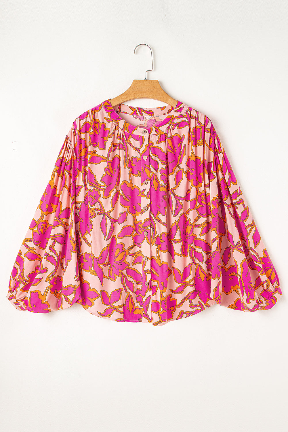 Blue Floral Print Batwing Sleeve Buttoned Loose Fit Shirt
