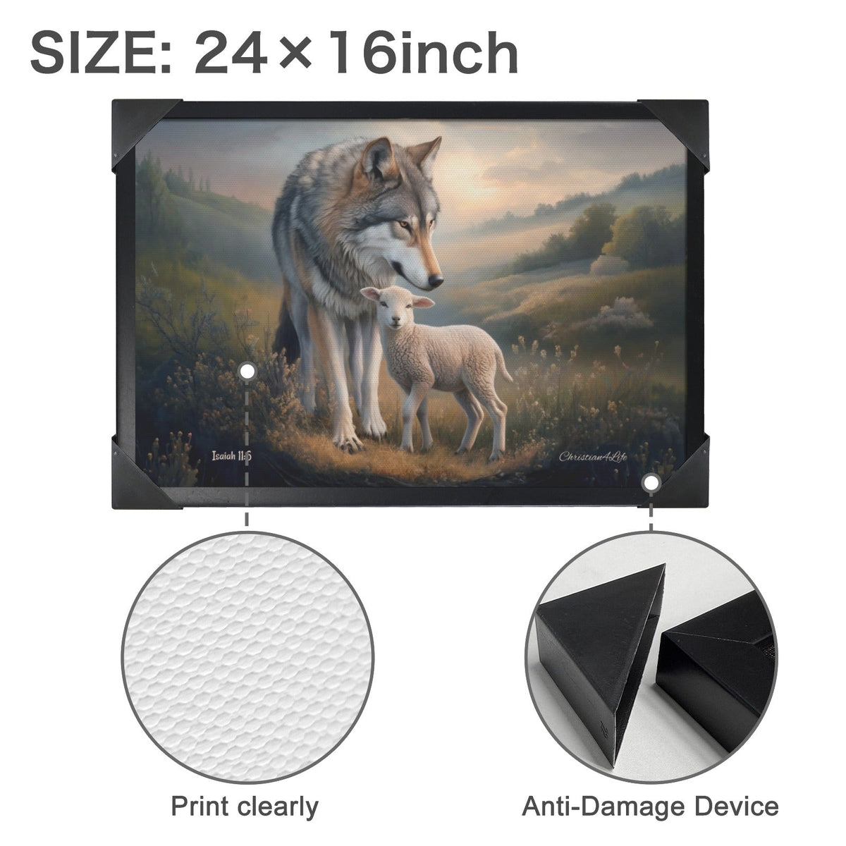 Framed- Wolf and Lamb, Christian Wall Art, Black Framed Canvas Print, Isaiah 11:6
