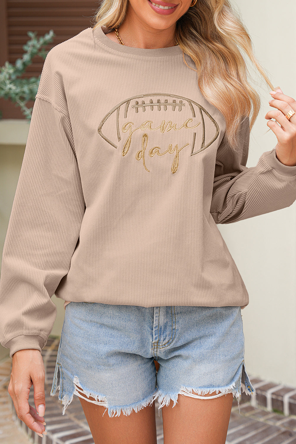 Black Football Graphic Game Day Embroidered Corded Sweatshirt