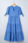 Dusk Blue Gingham Textured Bow Tie Short Sleeve Tiered Midi Dress
