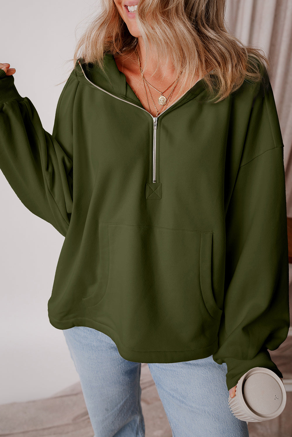 Orange Half Zipper Kangaroo Pockets Drop Shoulder Hoodie