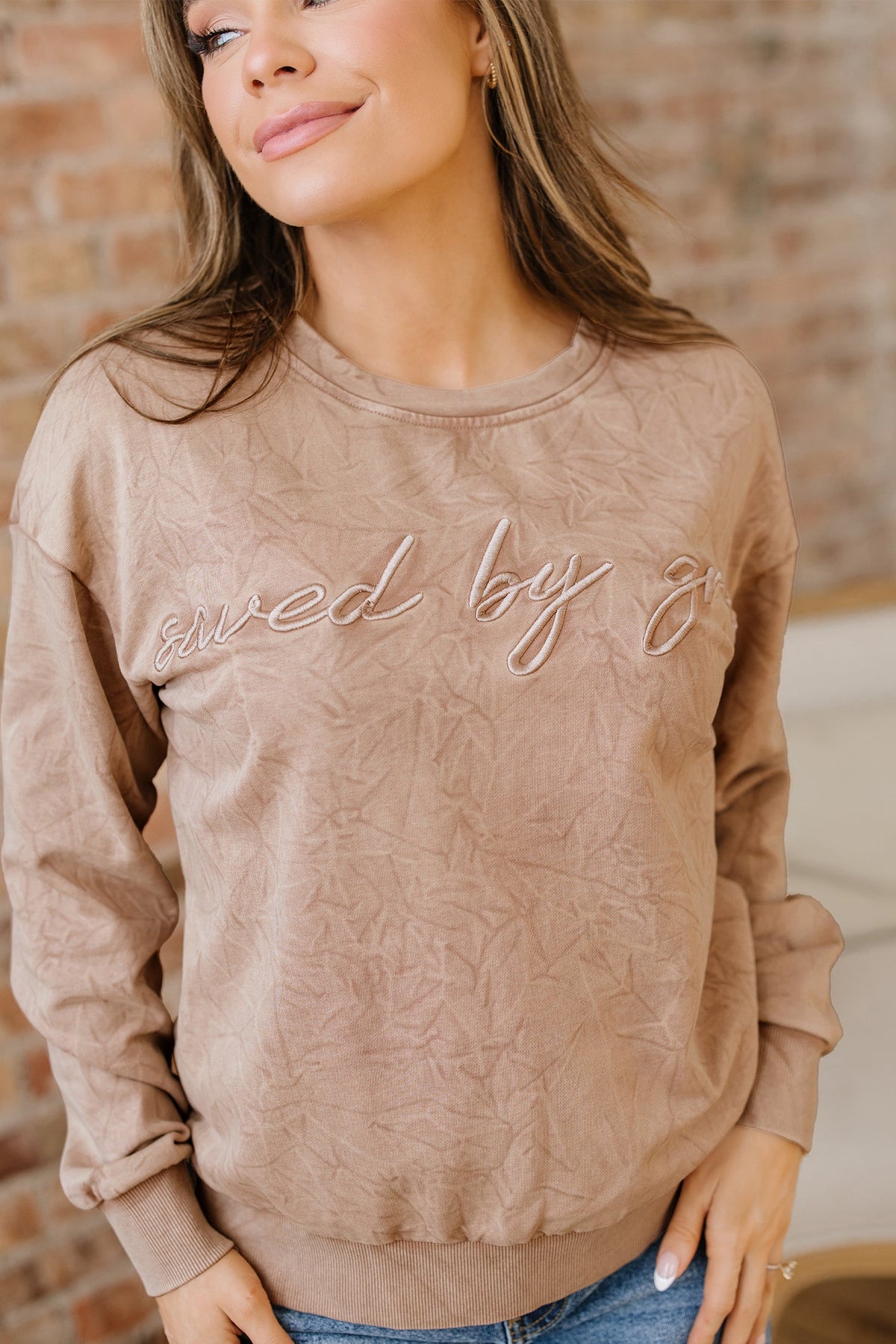 High-rise saved by grace Letter Embroidery Mineral Wash Loose Sweatshirt
