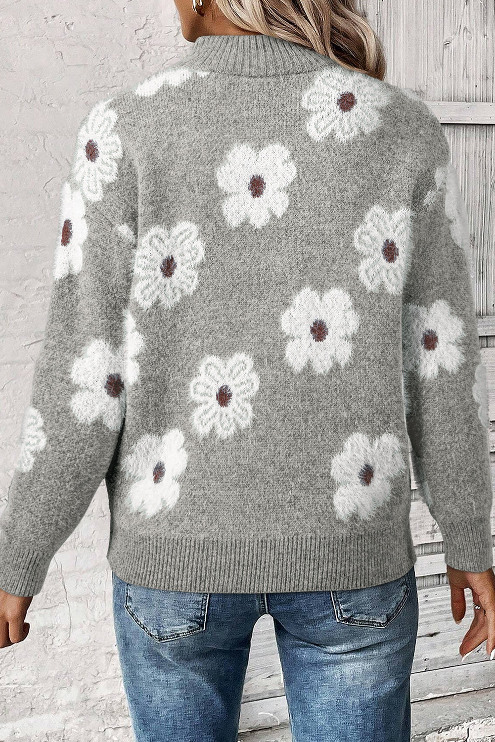 Khaki Vintage 60s Floral Pattern Half Zip Collar Drop Shoulder Sweater