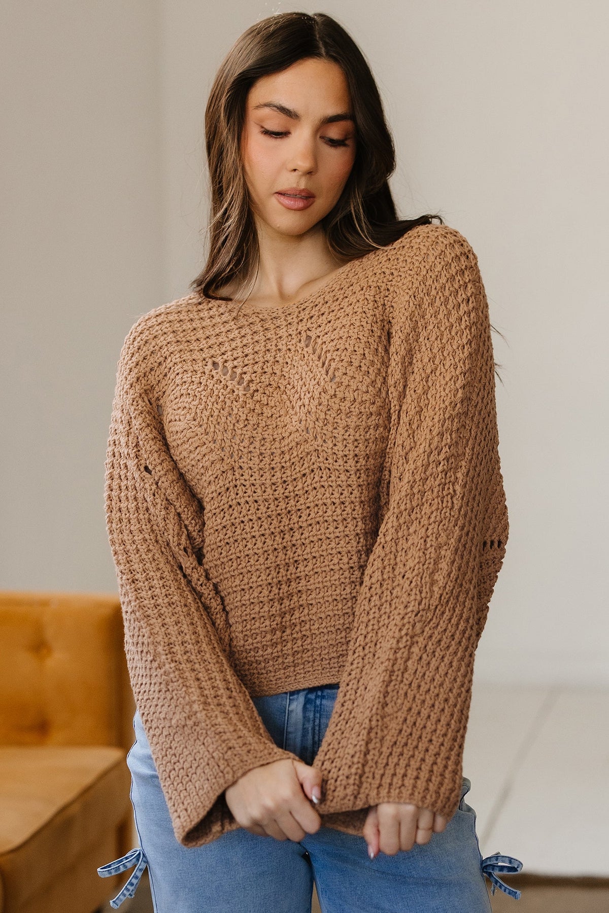 White Hollowed Detail Wide Sleeve Loose Pullover Sweater