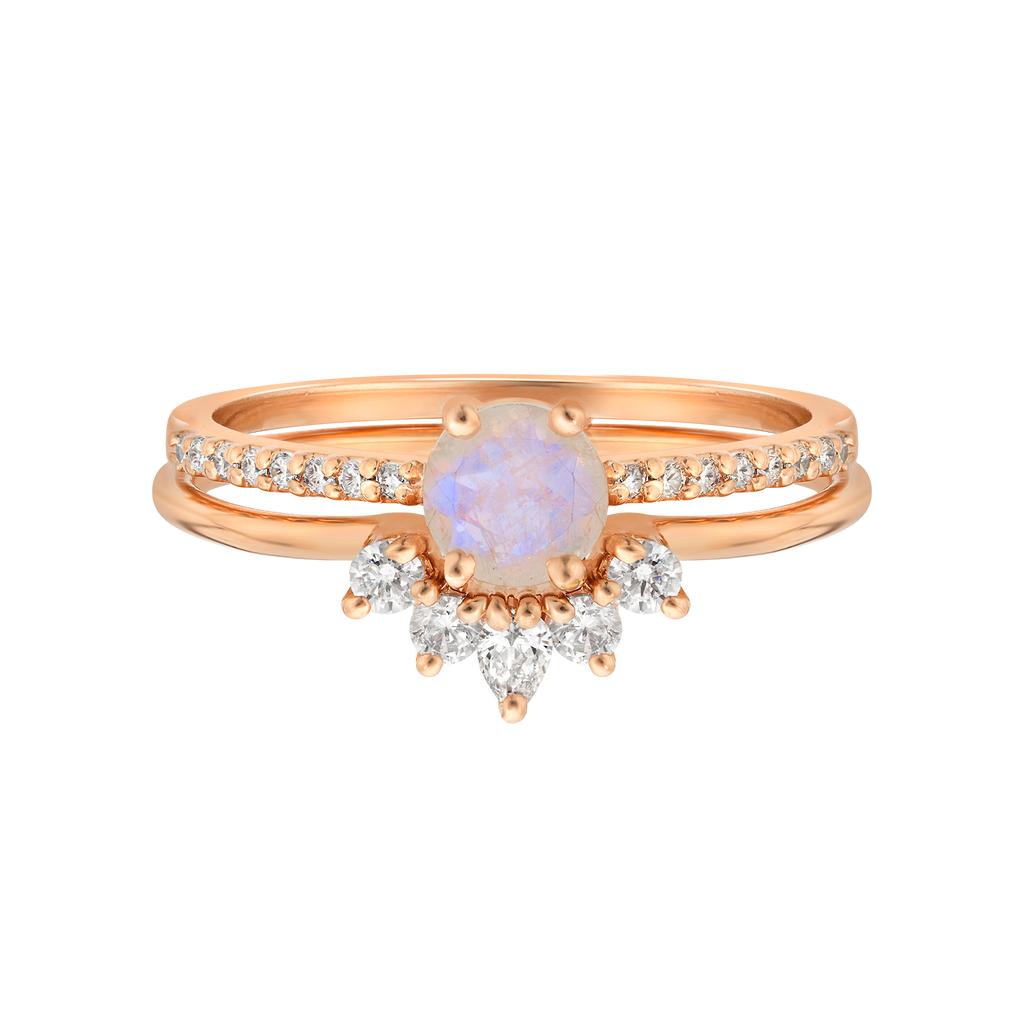 Rose Gold Rainbow Moonstone & Topaz Dancing Fairy Ring Set