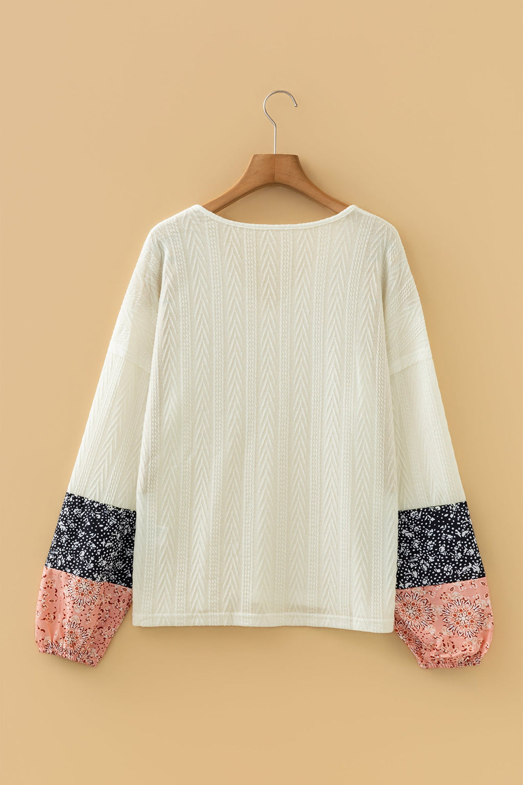 Dusty Pink Floral Patchwork Textured Knit Drawstring V Neck Blouse