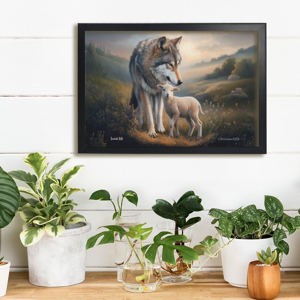Framed- Wolf and Lamb, Christian Wall Art, Black Framed Canvas Print, Isaiah 11:6