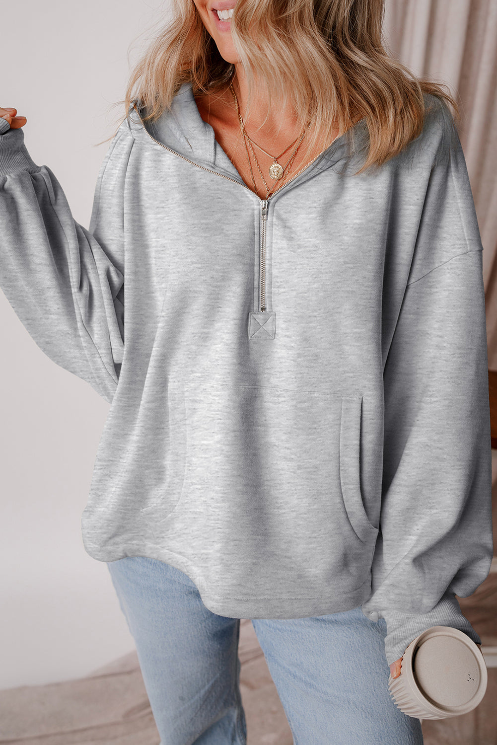 Orange Half Zipper Kangaroo Pockets Drop Shoulder Hoodie