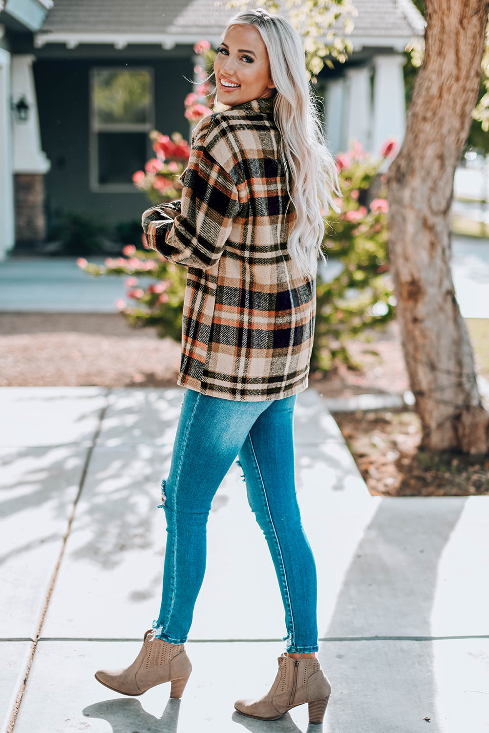 Green Geometric Plaid Print Pocketed Shacket