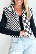 Black Double Checked Stand Collar Cropped Puffer Vest