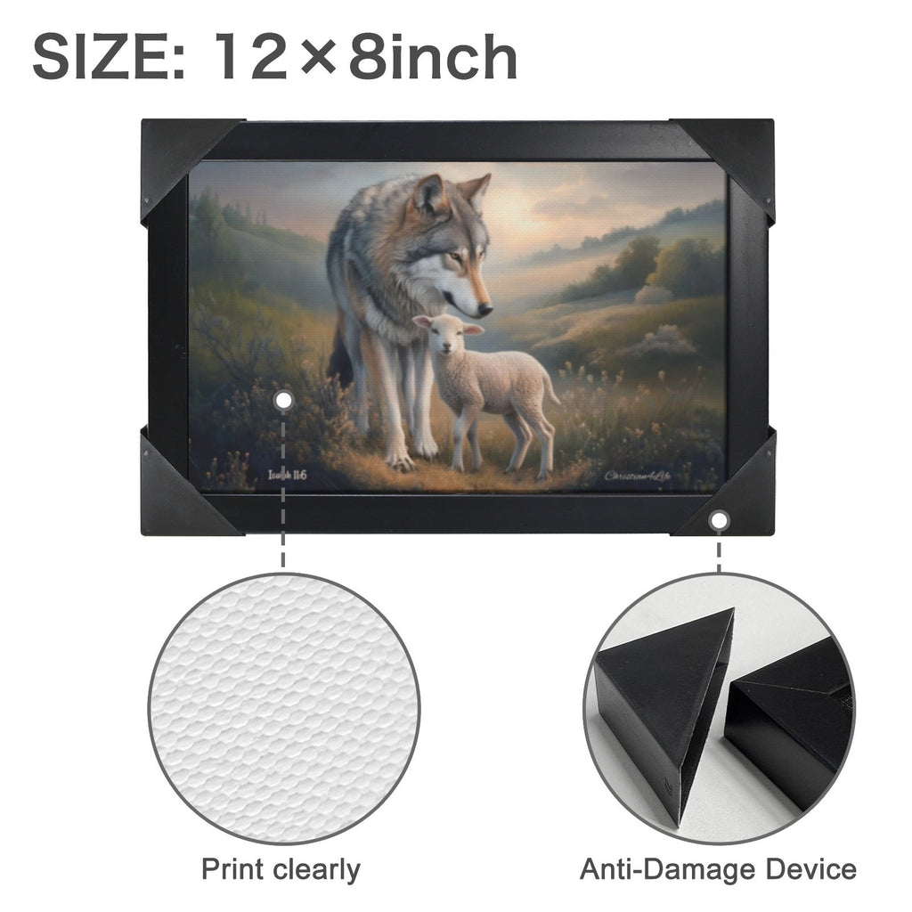 Framed- Wolf and Lamb, Christian Wall Art, Black Framed Canvas Print, Isaiah 11:6