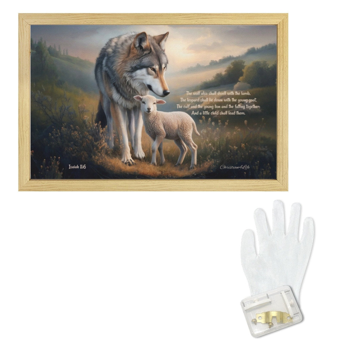 Framed - Wolf and Lamb with Isaiah 11:6 Quote, Christian Canvas, Wooden Frame
