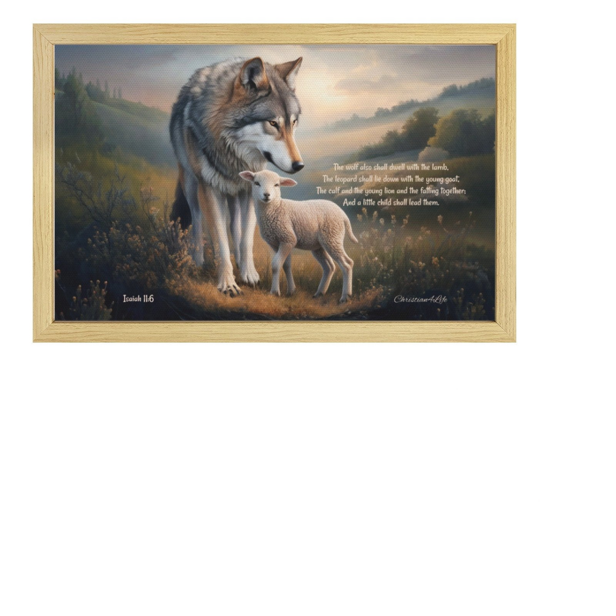 Framed - Wolf and Lamb with Isaiah 11:6 Quote, Christian Canvas, Wooden Frame