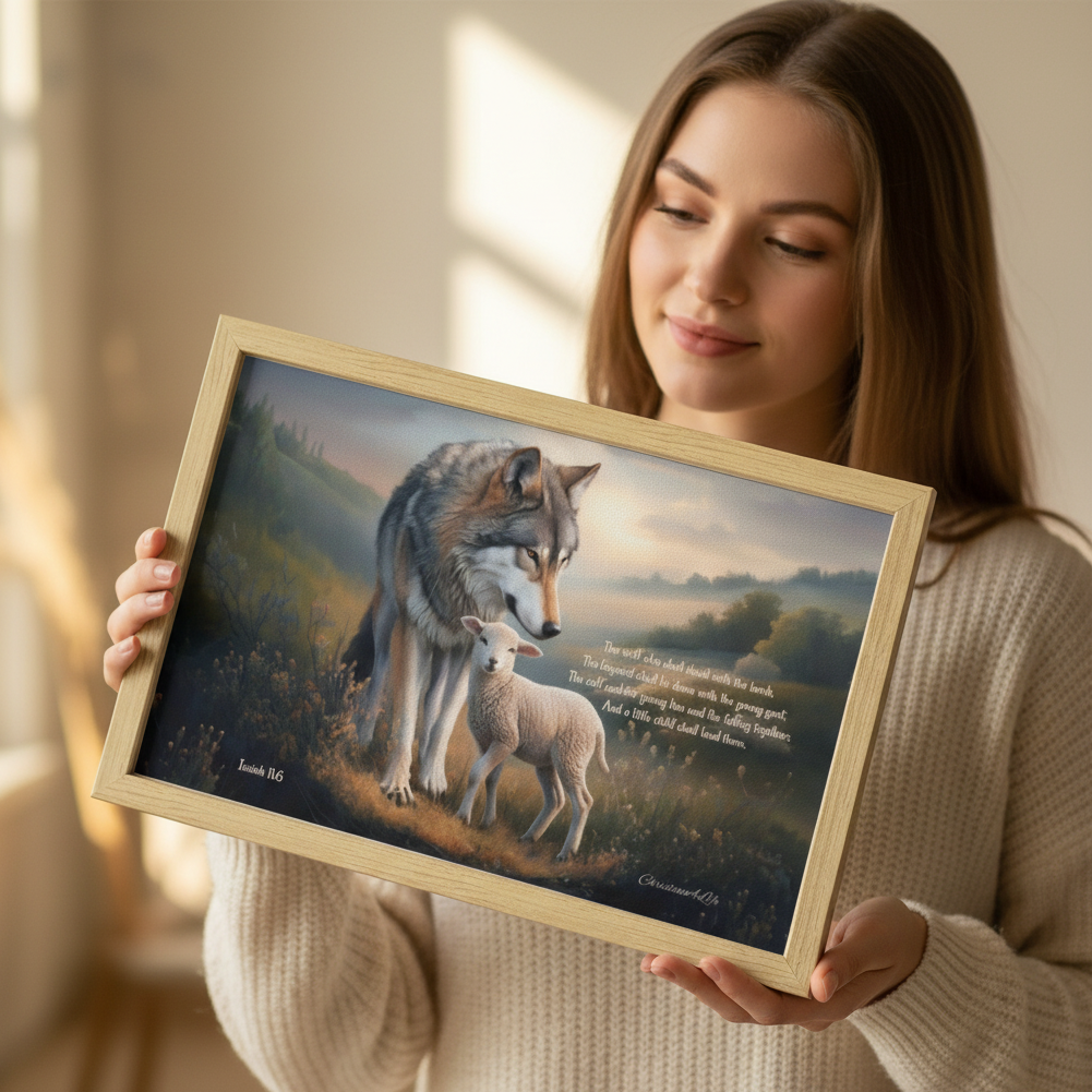 Framed - Wolf and Lamb with Isaiah 11:6 Quote, Christian Canvas, Wooden Frame