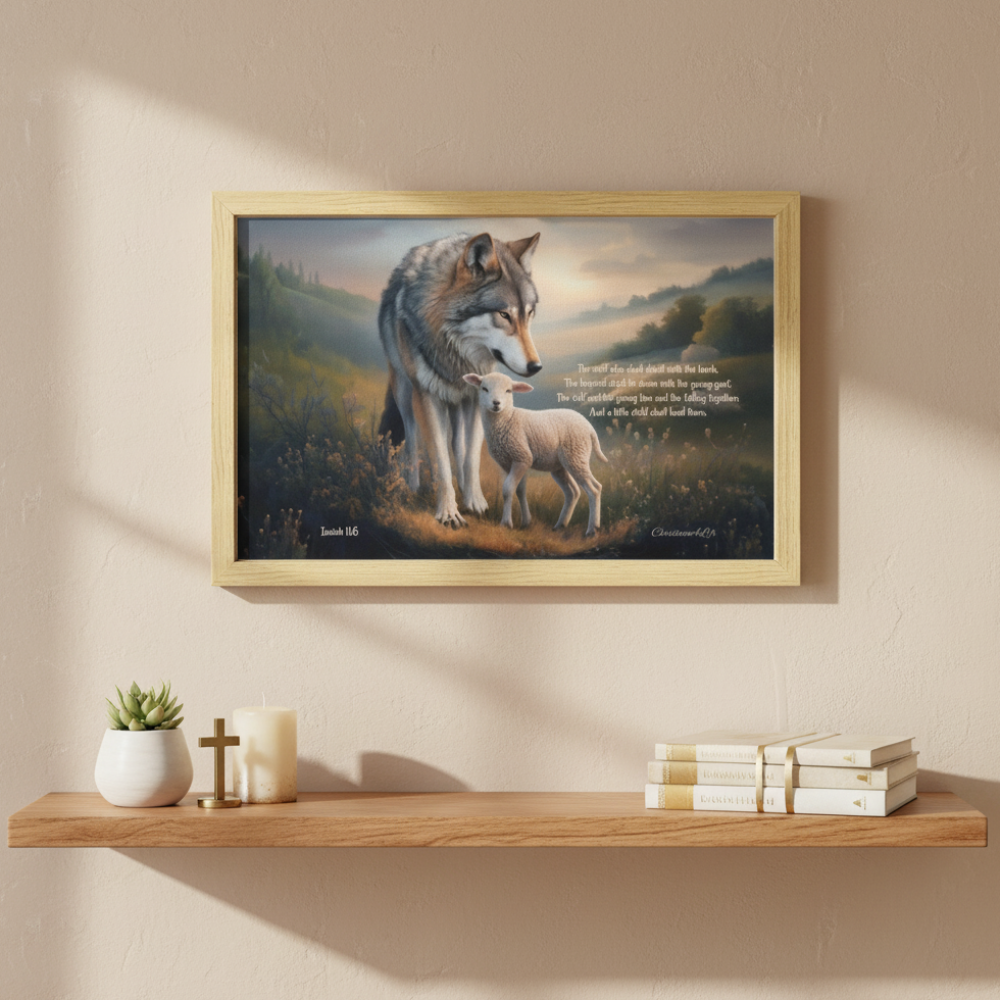 Framed - Wolf and Lamb with Isaiah 11:6 Quote, Christian Canvas, Wooden Frame
