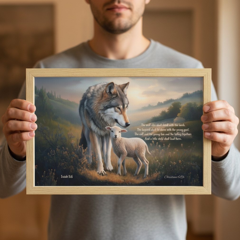 Framed - Wolf and Lamb with Isaiah 11:6 Quote, Christian Canvas, Wooden Frame