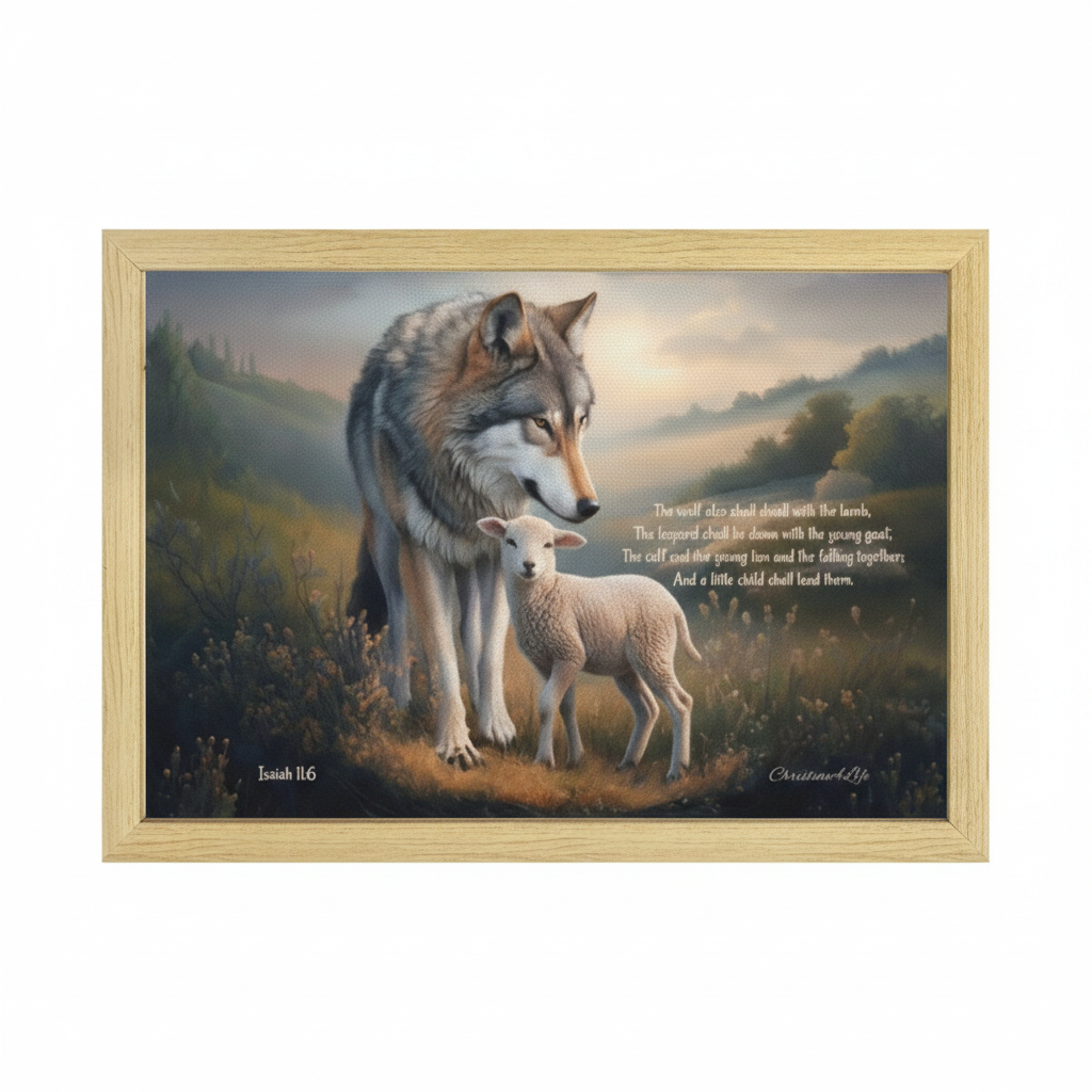 Framed - Wolf and Lamb with Isaiah 11:6 Quote, Christian Canvas, Wooden Frame