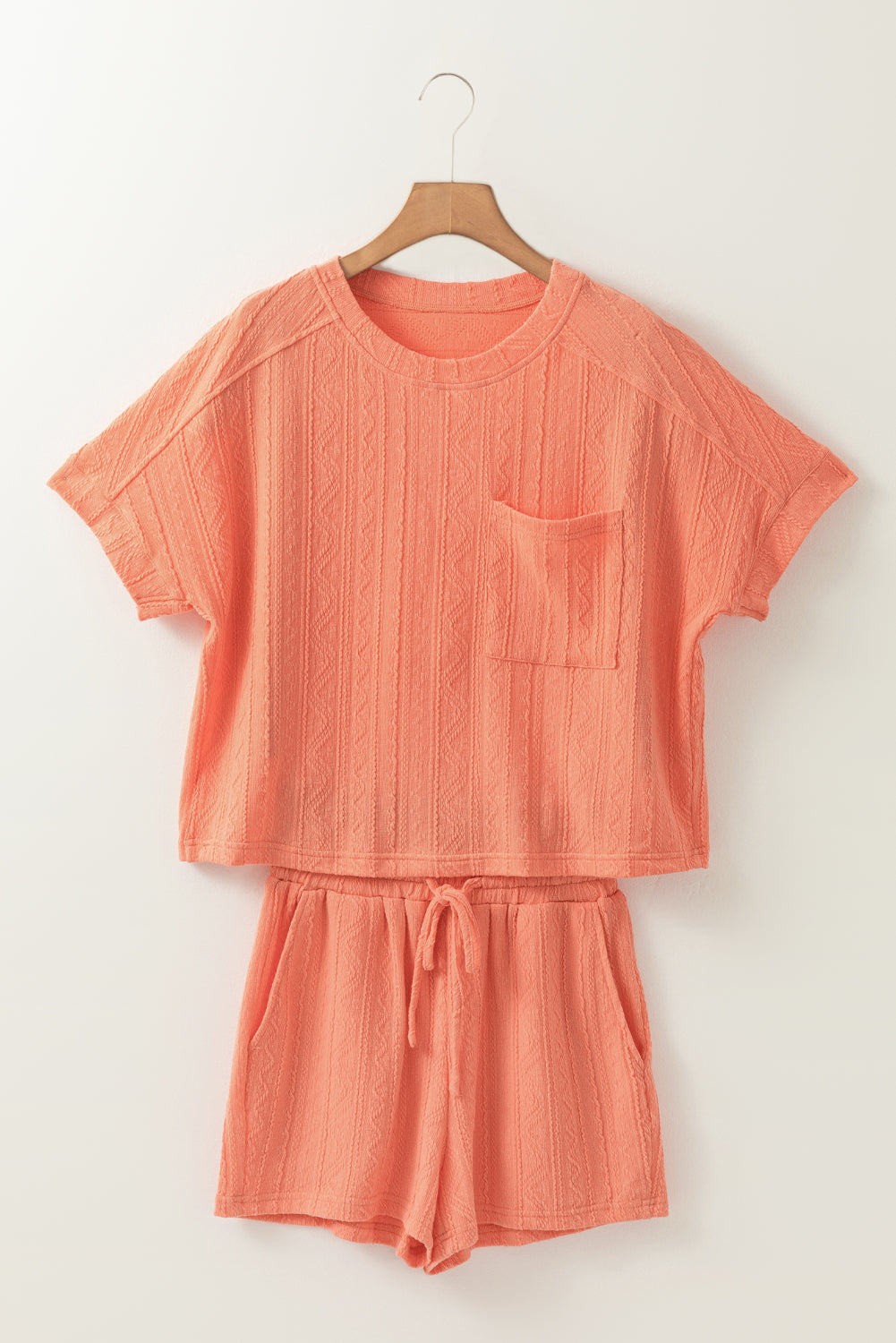 Jet Stream Textured Patched Pocket Short Sleeve Top Drawstring Shorts Set