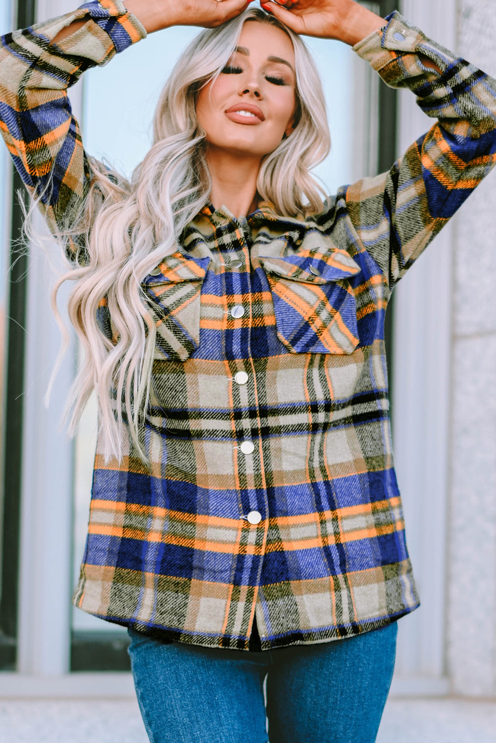 Green Geometric Plaid Print Pocketed Shacket
