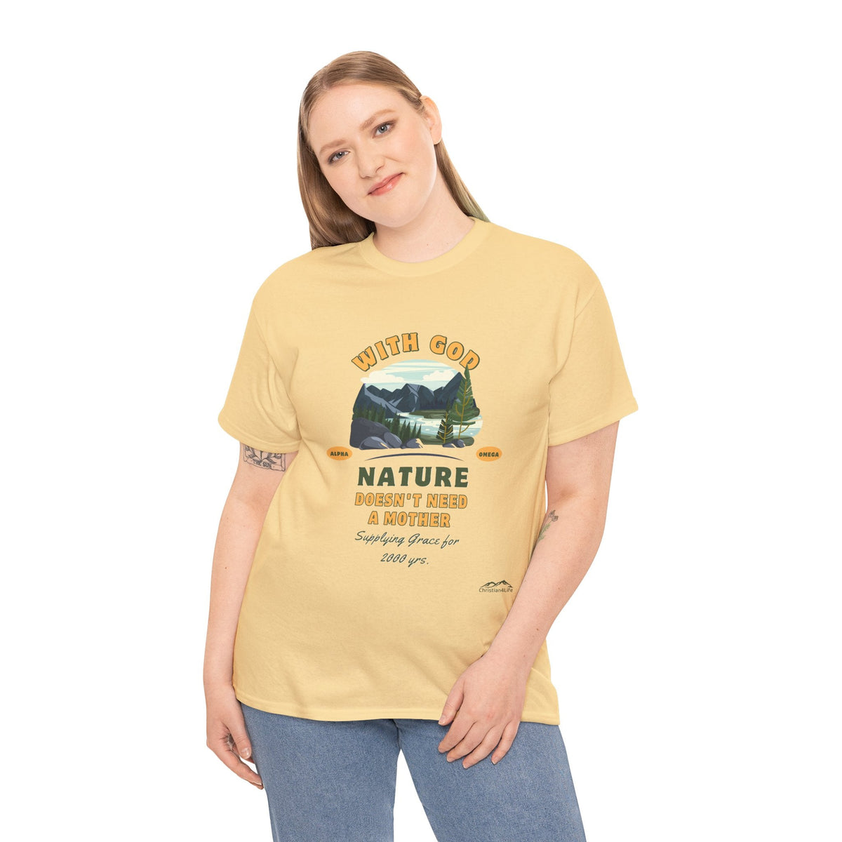 Unisex "With God Nature doesn't need a mother" Heavy Cotton Christian Tee