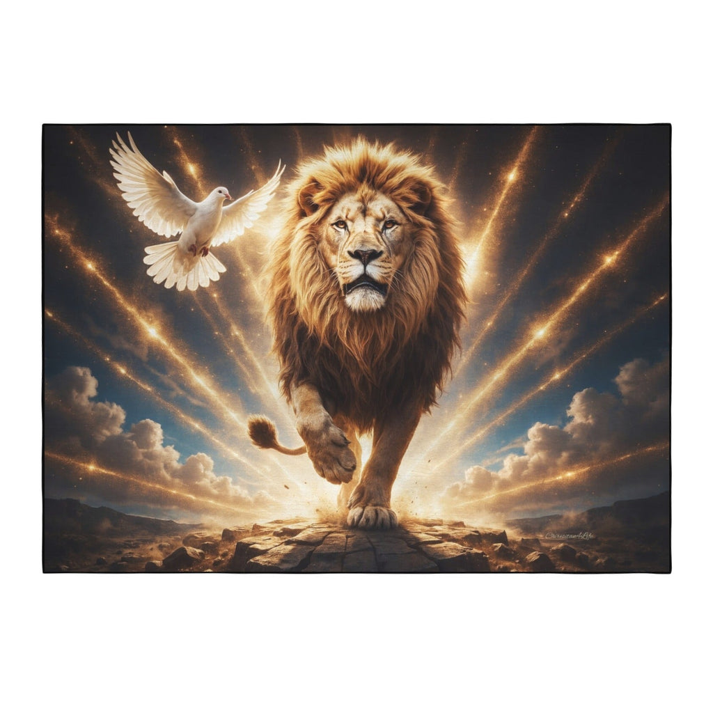 Lion of Judah and the Holy Spirit -Golden Rays and Clouds Area Rug with Black Binding (84"x60")