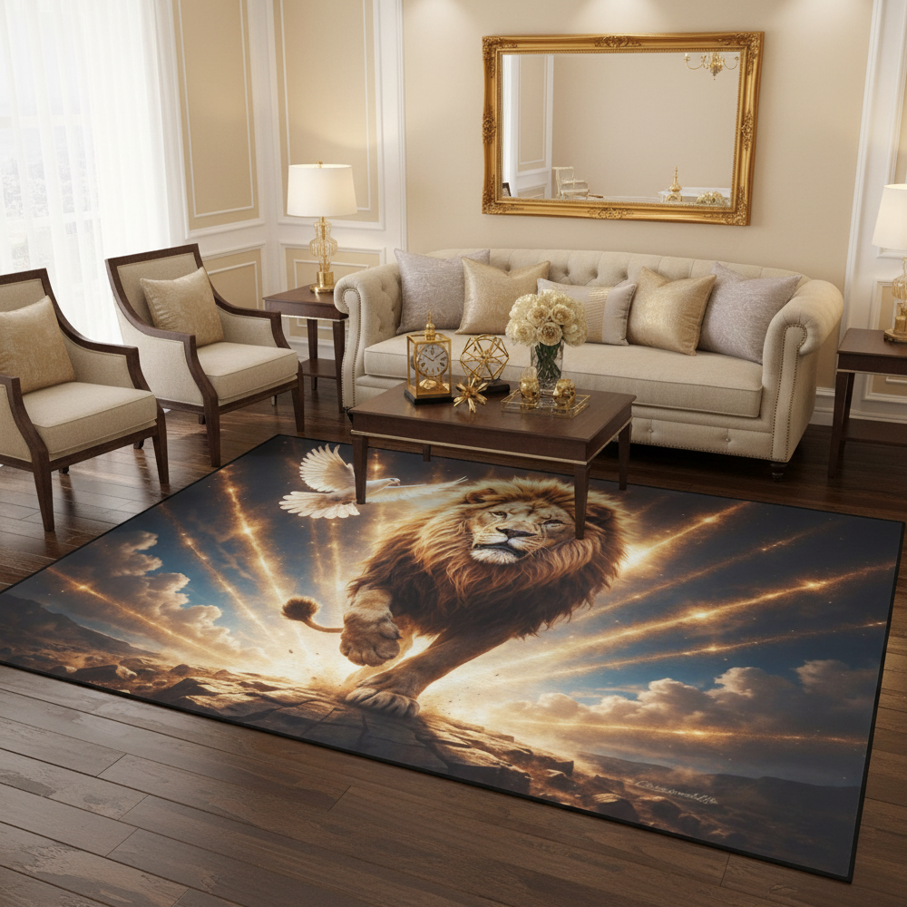 Lion of Judah and the Holy Spirit -Golden Rays and Clouds Area Rug with Black Binding (84"x60")