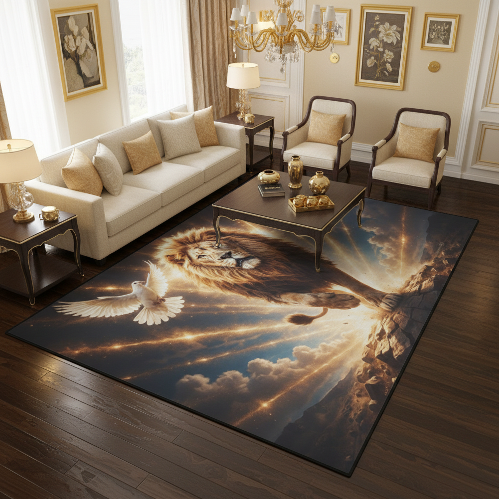 Lion of Judah and the Holy Spirit -Golden Rays and Clouds Area Rug with Black Binding (84"x60")