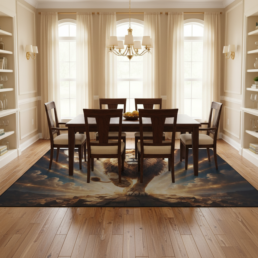 Lion of Judah and the Holy Spirit -Golden Rays and Clouds Area Rug with Black Binding (84"x60")
