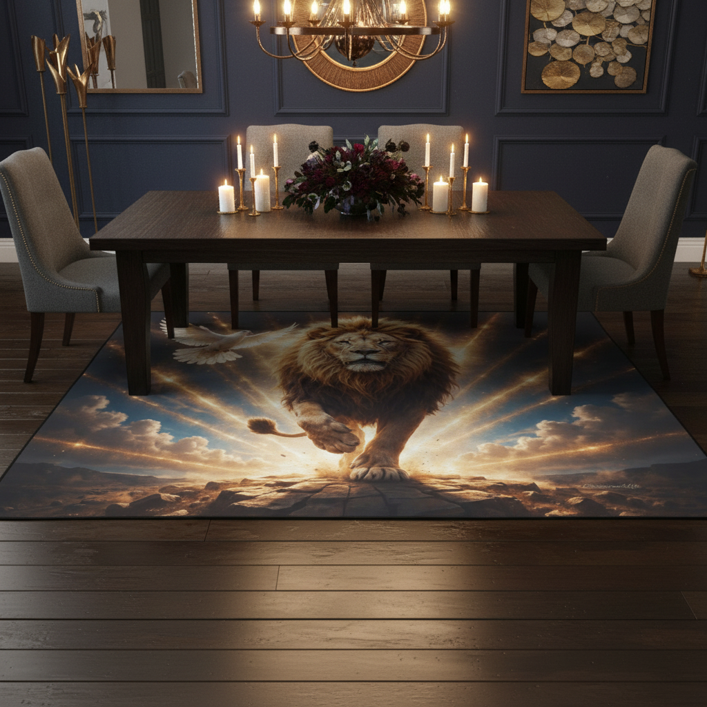 Lion of Judah and the Holy Spirit -Golden Rays and Clouds Area Rug with Black Binding (84"x60")