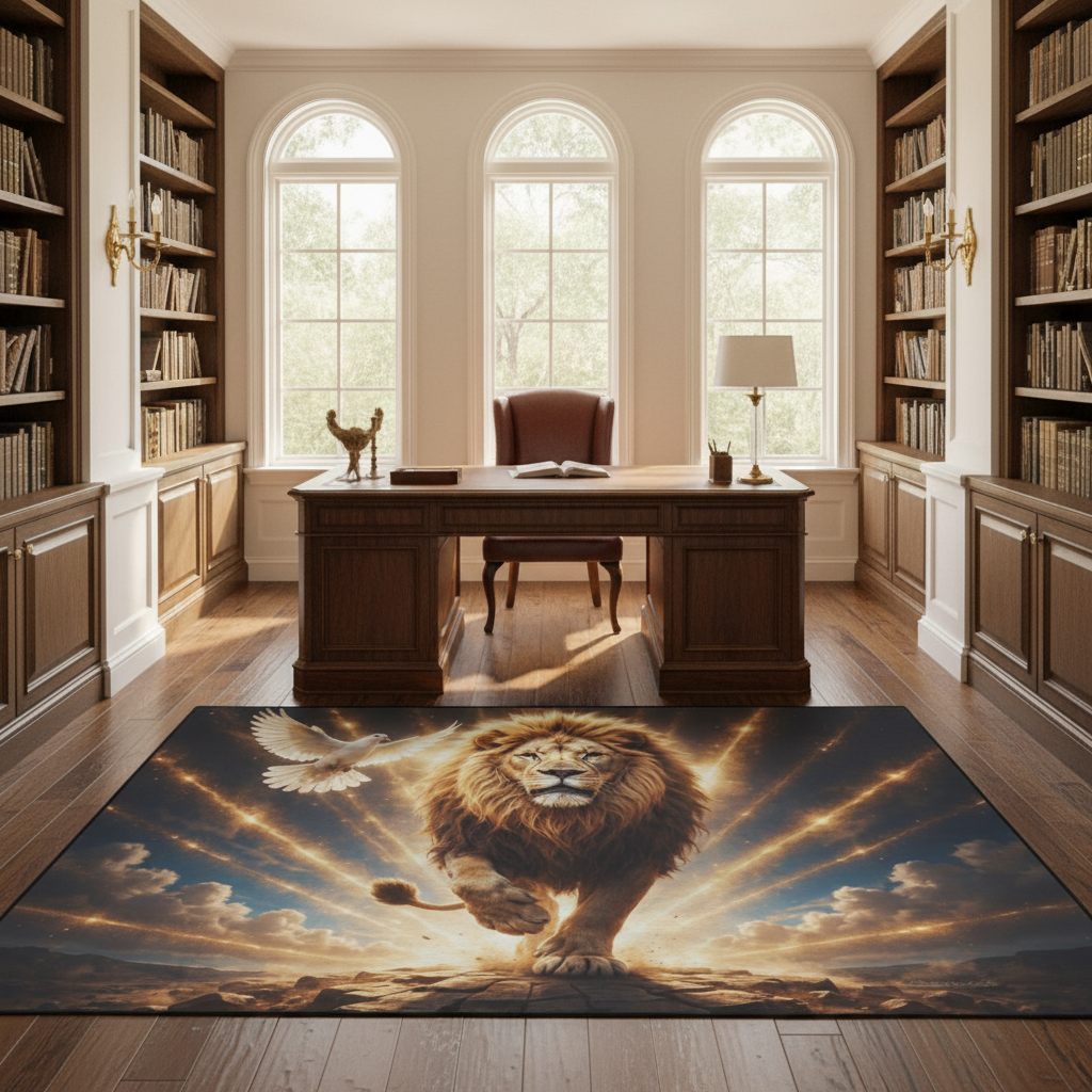 Lion of Judah and the Holy Spirit -Golden Rays and Clouds Area Rug with Black Binding (84"x60")